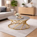 Round Abstract Gold And White Coffee Table - Image 2