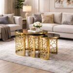 3 Piece Abstract Gold And Black Coffee Table - Image 2