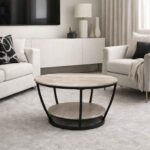 Round Minimalist 2 Tier Oak And Black Coffee Table - Image 2