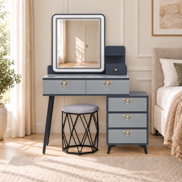Grey And White Dressing Table with Stool And Lights