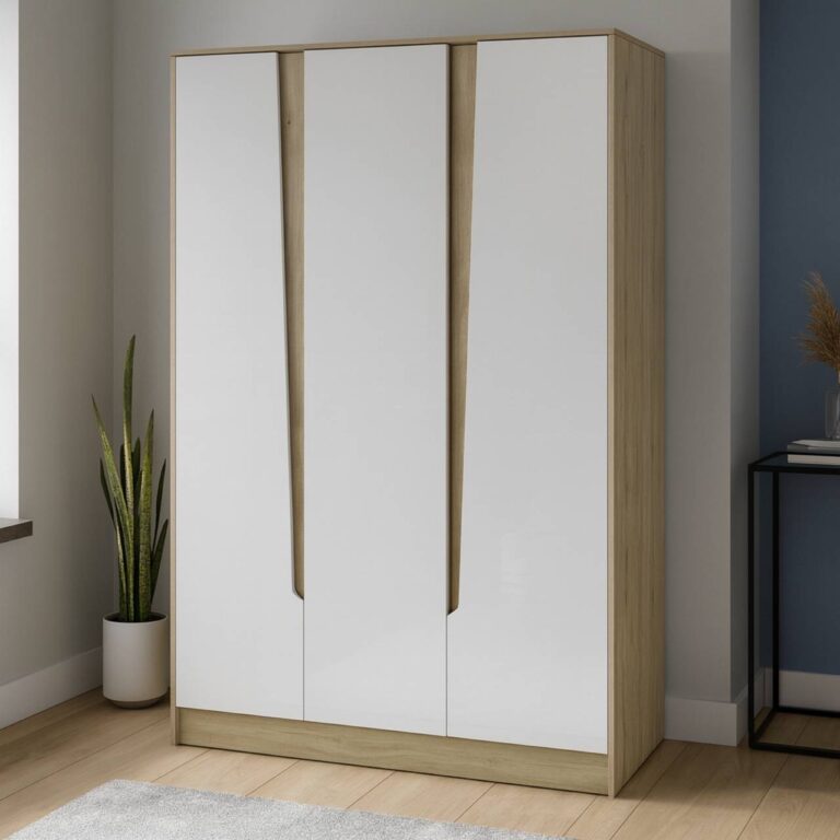 Modern 3 Door Wardrobe - Oak Ash and Snow White