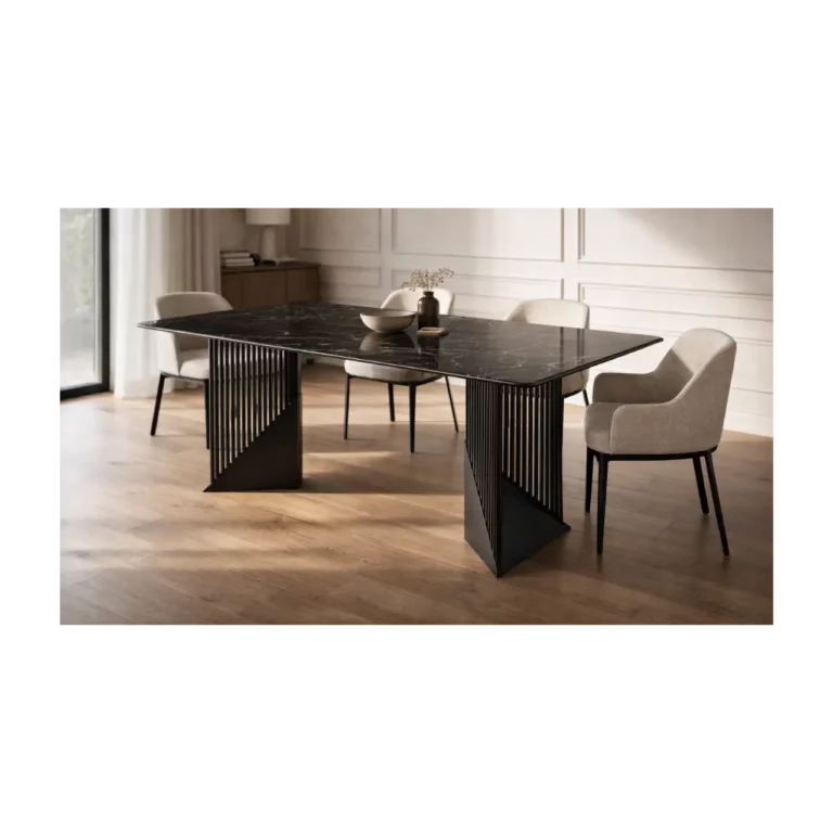 Black Marble Dining Table with Modern Metal Base - MWDT18