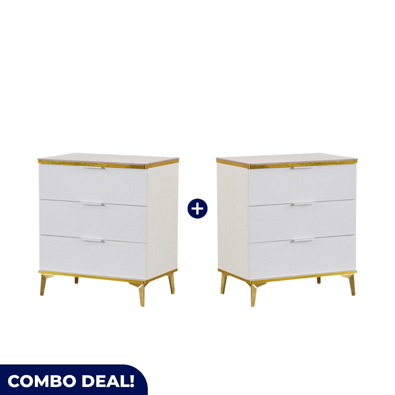 MW353X2 Modern White & Gold 3-Drawer Chest Combo