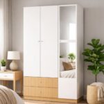 Stylish 3 Door Wardrobe with Mirrors - White + Woodgrain - Image 3