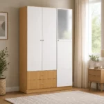 Stylish 3 Door Wardrobe with Mirrors - White + Woodgrain
