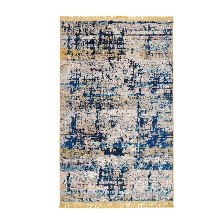 Abstract Blue & Gold Pattern Carpet with Fringe - CPR2202