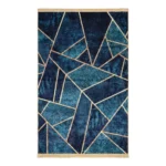 Modern Teal Geometric Abstract Printed Rug with Gold Lines- CPR2212