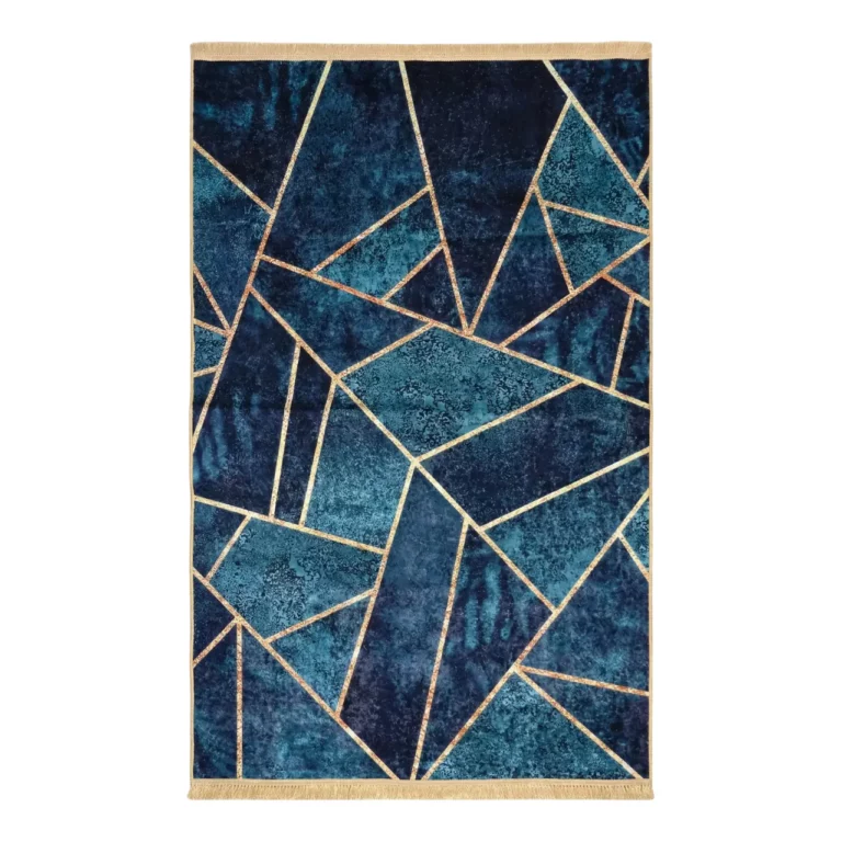 Modern Teal Geometric Abstract Printed Rug with Gold Lines- CPR2212