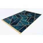 Modern Teal Geometric Abstract Printed Rug with Gold Lines- CPR2212