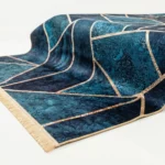 Modern Teal Geometric Abstract Printed Rug with Gold Lines- CPR2212