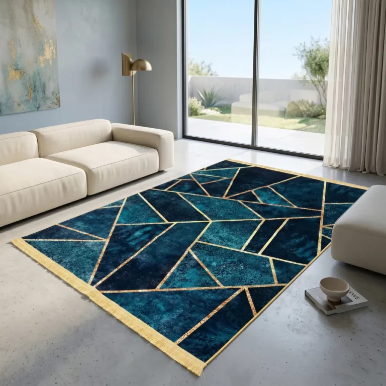Modern Teal Geometric Abstract Printed Rug with Gold Lines- CPR2212
