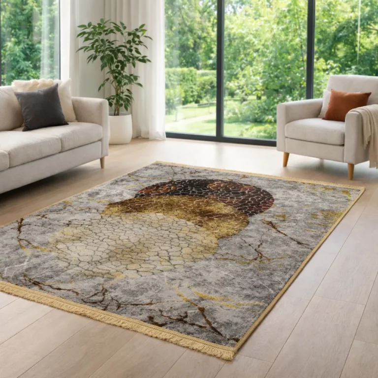 Teal Geometric Abstract Printed Rug with Gold Lines- CPR2212