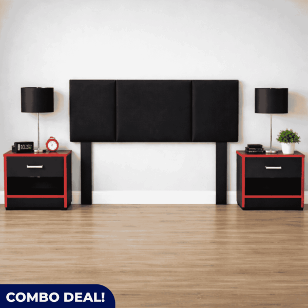 Vanessa 3-Piece Bedroom Combo – Headboard & 2 Nightstands (Black & Red)