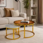 2 Piece Coffee Table Set with Marble and Glass Tops, Gold, MWCT2P08