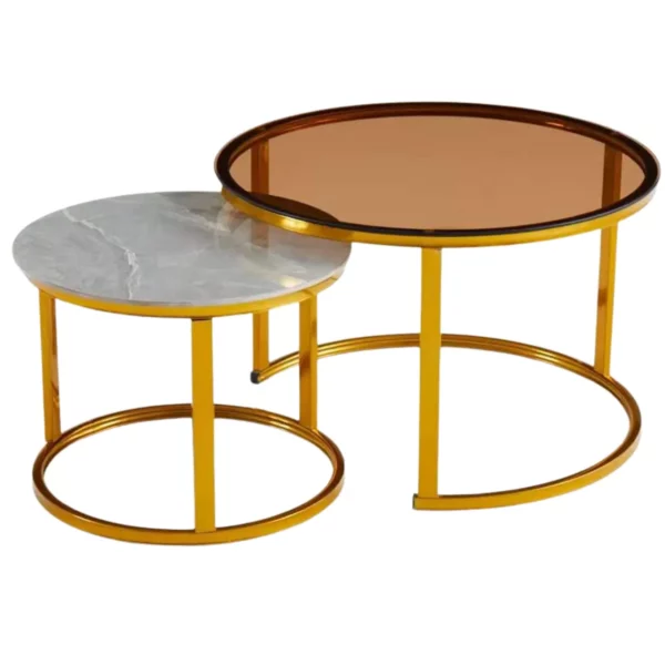 2 Piece Coffee Table Set with Marble and Glass Tops, Gold, MWCT2P08