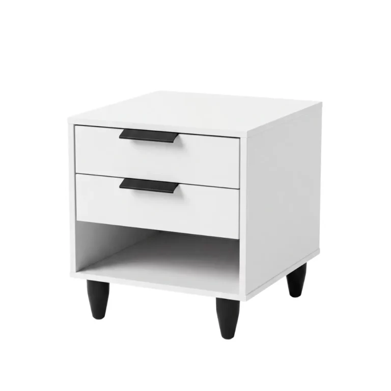 Modern White Two-Drawer Nightstand with Open Shelf, MW338