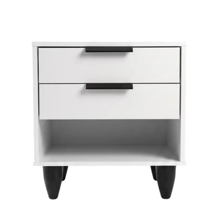 Modern White Two-Drawer Nightstand with Open Shelf, MW338