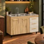 Double Bowl Kitchen Sink Cabinet with 3 Drawers – Cream & Oak - Image 6