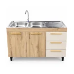 Double Bowl Kitchen Sink Cabinet with 3 Drawers – Cream & Oak