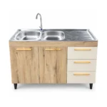 Double Bowl Kitchen Sink Cabinet with 3 Drawers – Cream & Oak - Image 2